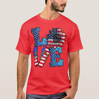 LOVE American Flag Sunflower 4th Of July  T-Shirt