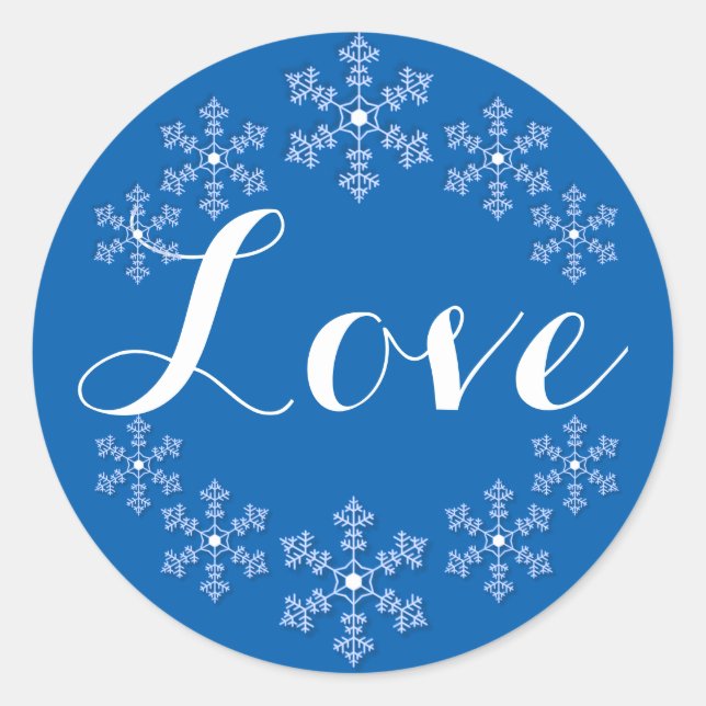 Love Among the Snowflakes Blue and White Classic Round Sticker (Front)