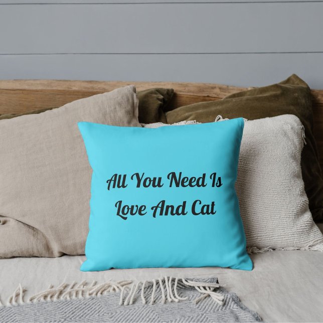 Love And Cat Personalised Cute Funny Quote Blue Cushion (Creator Uploaded)