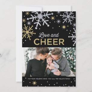 Love and Cheer Silver and Gold Sparkle Photo Holiday Card