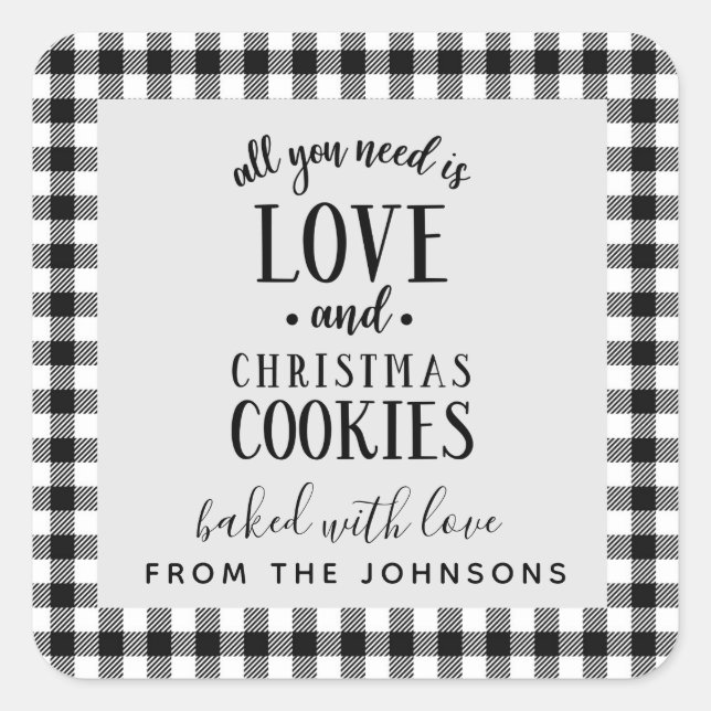 Love and Christmas Cookies Black & White Plaid Square Sticker (Front)