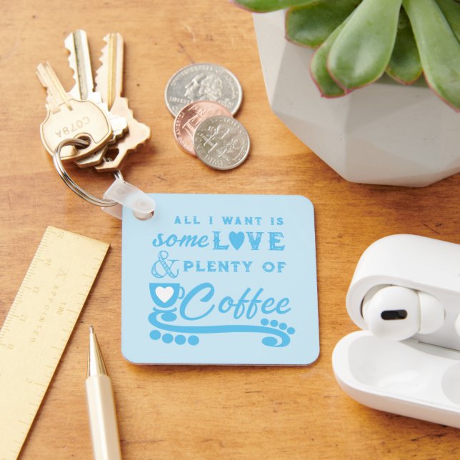 Love and coffee add initials blue key ring (Desk)