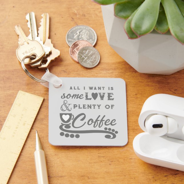 Love and coffee add initials grey key ring (Desk)