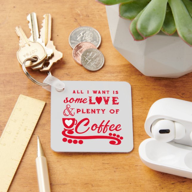 Love and coffee add initials red key ring (Desk)
