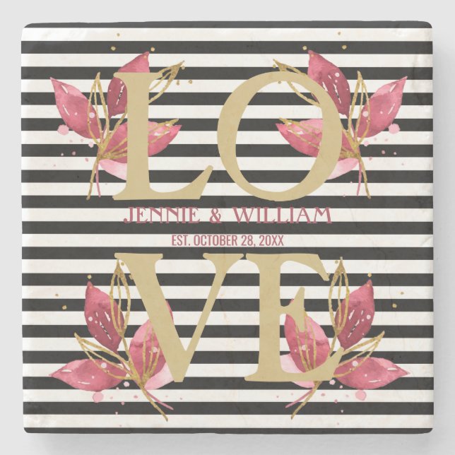 LOVE and Flowers on Black Stripes Wedding Date Stone Coaster (Front)