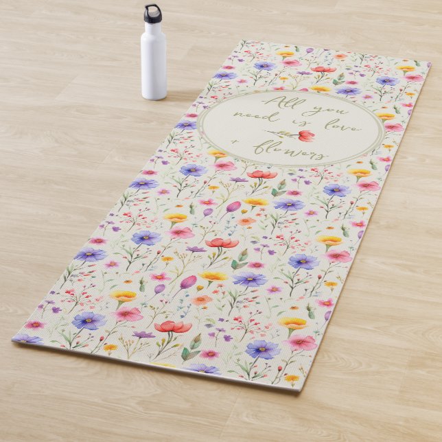 Love and Flowers Sweet Quote Green Wildflower Yoga Mat (In Situ)