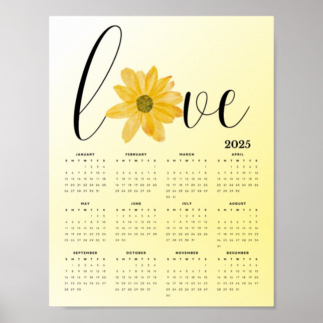 Love and Flowers Yellow 2025 Wall Calendar Poster (Front)