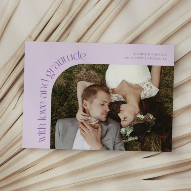 Love and Gratitude Lilac Wedding Photo Thank You Card (Creator Uploaded)