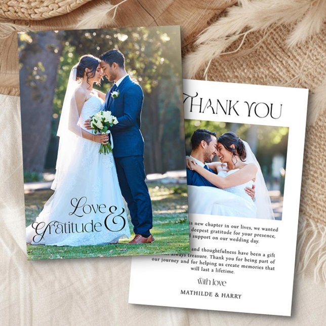 Love and Gratitude Nostalgic Type 2 Photo Wedding Thank You Card (Wedding thank you card with photos and nostalgic type overlay)
