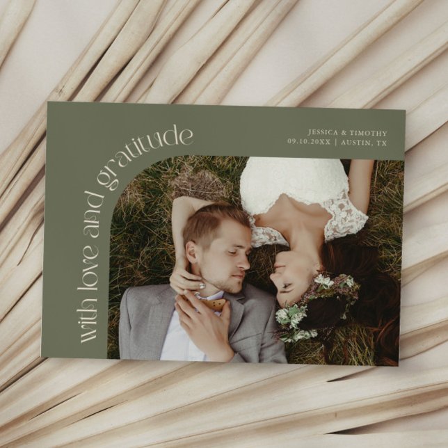 Love and Gratitude Sage Green Wedding Photo Thank You Card (Creator Uploaded)