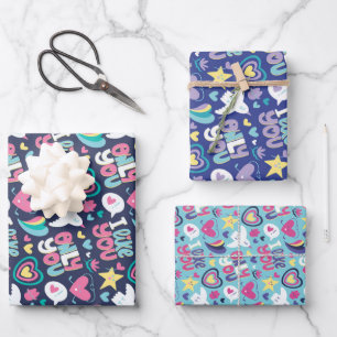 Love and Heart Blue Doodle Pattern Valentine's Day Wrapping Paper Sheet