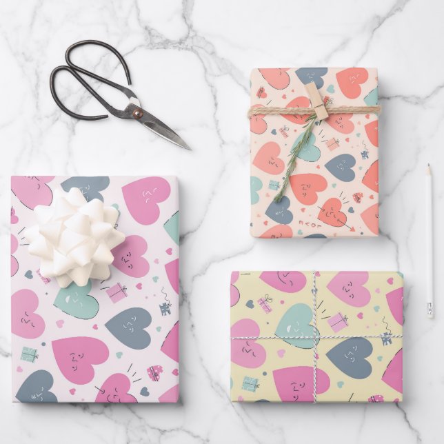 Love and Heart Pastel Colour Pattern Valentines Da Wrapping Paper Sheet (Front)