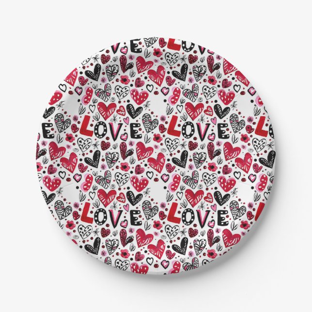 Love and hearts doodle art valentine paper plate (Front)