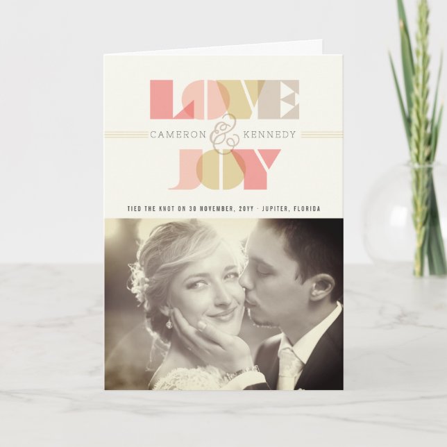 Love And Joy Clear Geo Typography Photo Wedding Holiday Card (Front)