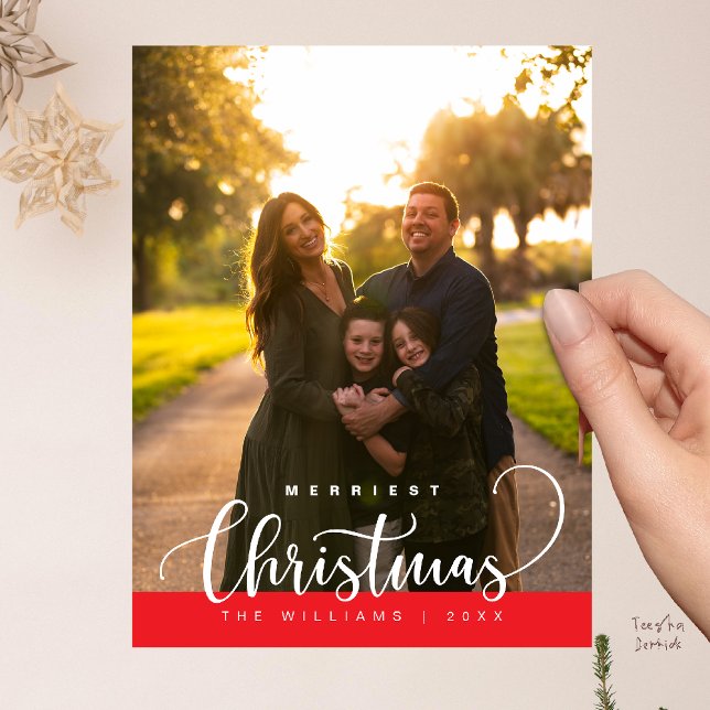 Love and Joy, Merry Christmas Family Photo Postcard (Love and Joy, Merry Christmas Family Photo Modern Cute Typography Postcard in Bright Red)