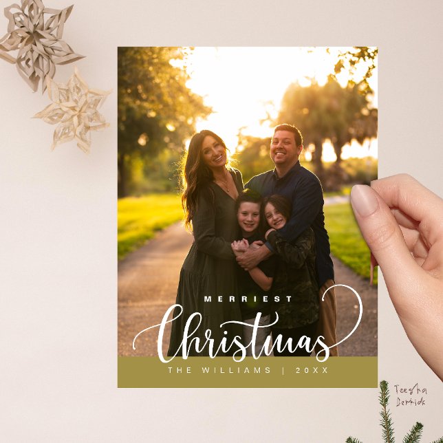 Love and Joy, Merry Christmas Family Photo Postcard (Love and Joy, Merry Christmas Family Photo Modern Cute Typography Postcard in Elegant Gold)