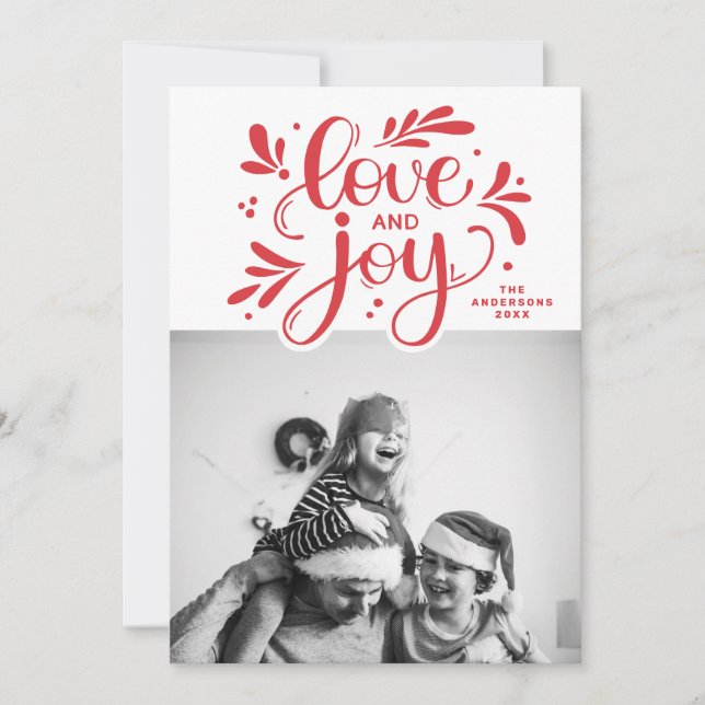 Love and Joy. Red Christmas script calligraphy Holiday Card (Front)