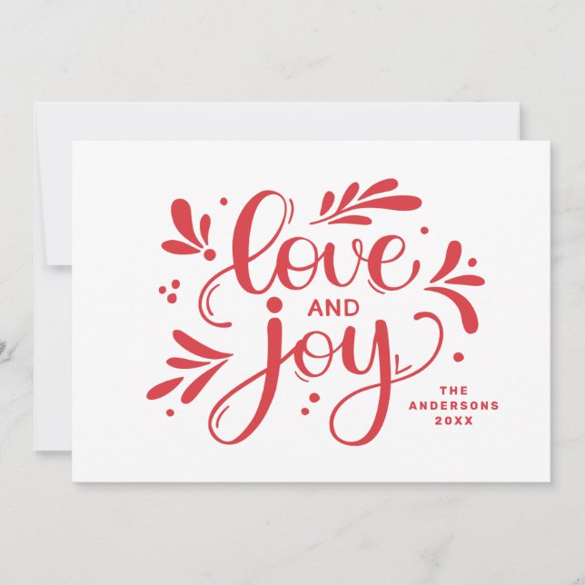 Love and Joy. Red Christmas script calligraphy Holiday Card (Front)