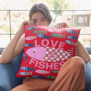 Love and Kisses or Fishes seaside coastal hearts Cushion
