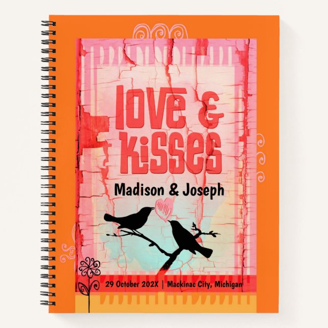 Love and Kisses Orange Whimsical Love Birds Notebook (Front)