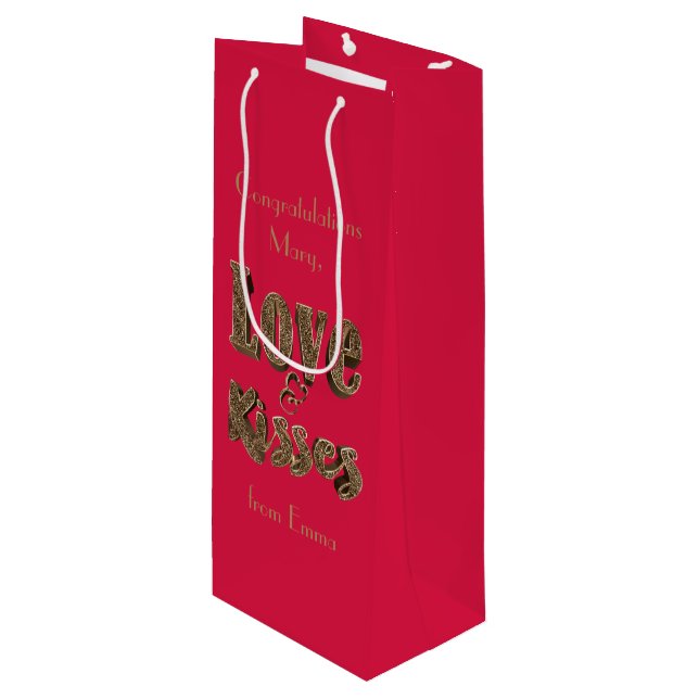 Love and Kisses Romantic Elegant Gold Typography Wine Gift Bag (Front Angled)