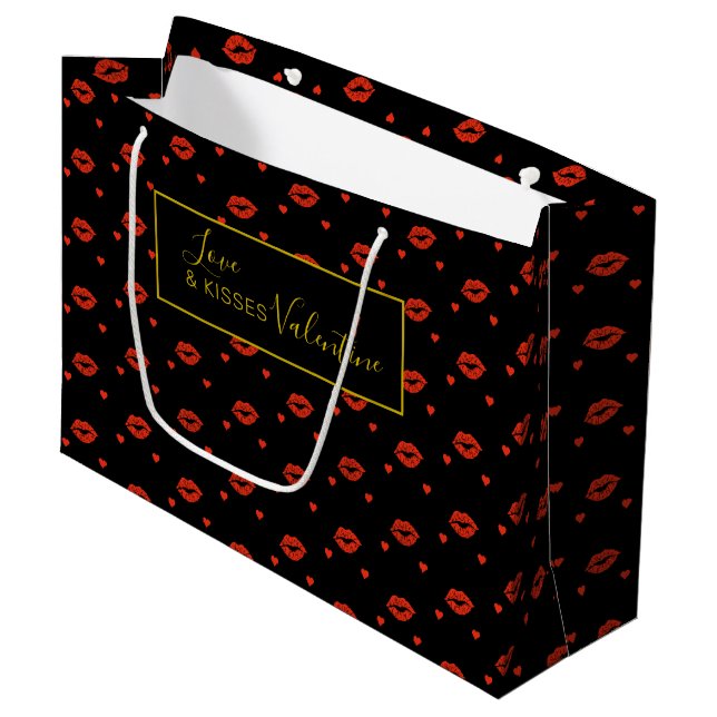 LOVE AND KISSES VALENTINE WITH RED HEARTS LARGE GIFT BAG (Front Angled)