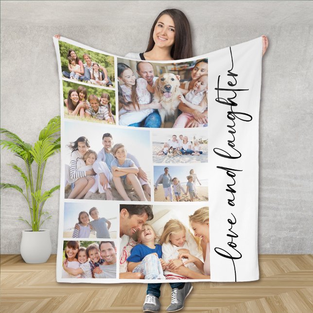 Love and Laughter Script Multi Photo Collage Fleece Blanket (Creator Uploaded)
