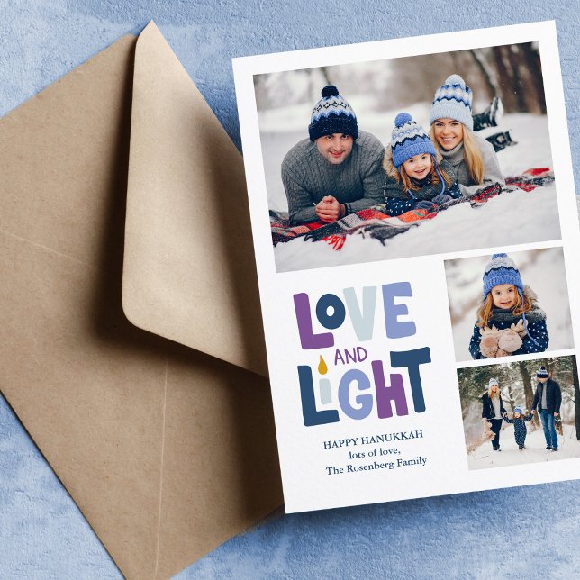 "Love and Light" 3 Photo Collage Happy Hanukkah Holiday Card (Creator Uploaded)