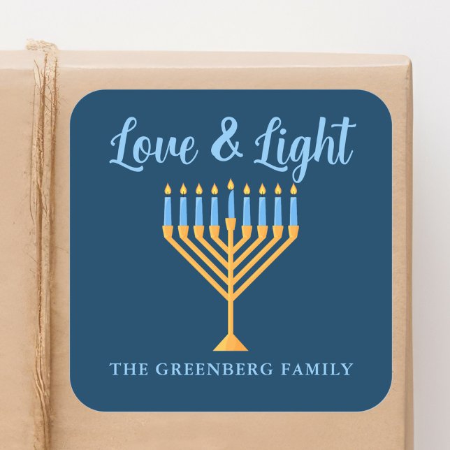 Love and Light Blue Gold Hanukkah Menorah Square Sticker (Creator Uploaded)
