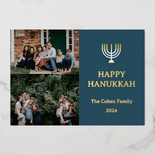 Love and Light   Hanukkah family photo collage   Foil Holiday Card