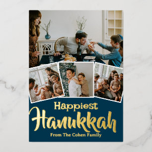Love and Light   Hanukkah family photo Collage Foil Holiday Card