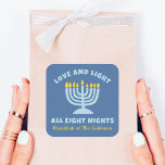 "Love and Light" Jewish Eight Nights of Hanukkah Square Sticker<br><div class="desc">Share the joy of Hanukkah with these "Love and Light All Eight Nights" stickers! Featuring a serene blue background, a bright menorah illustration, and customisable family name text, these are ideal for Hanukkah gatherings, and bring warmth and meaning to the Festival of Lights, making each night a little more special....</div>