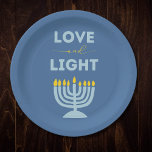 "Love and Light" Jewish Menorah Blue Hanukkah Paper Plate<br><div class="desc">Bring a touch of elegance to your Hanukkah celebrations with these "Love and Light" plates, perfect for serving traditional holiday favourites like latkes and jelly doughnuts. Featuring a serene blue background, a radiant menorah illustration, and the inspiring message "Love and Light, " these plates add warmth and meaning to your...</div>