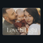 Love and Light Modern Family Photo Holiday Card<br><div class="desc">Elegant family photo holiday card with your photo in a with modern typography design reading Love and Light. Space for personal messages on front and back next to a sparkly star as well as 3 more photos on the back.</div>