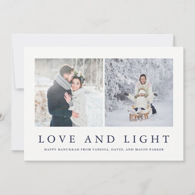 Love and Light | Modern Hanukkah Two Photo Holiday Card (Front)