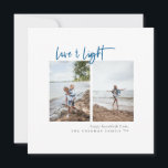 Love and Light Modern Minimalist Photo Hanukkah Holiday Card<br><div class="desc">Modern minimalist typography design "Love & Light" Hanukkah photo card. Features,  two vertical centred photo spaces,  blue script and coordinating solid colour backing. Template text lines for short greeting,  family name and year.</div>
