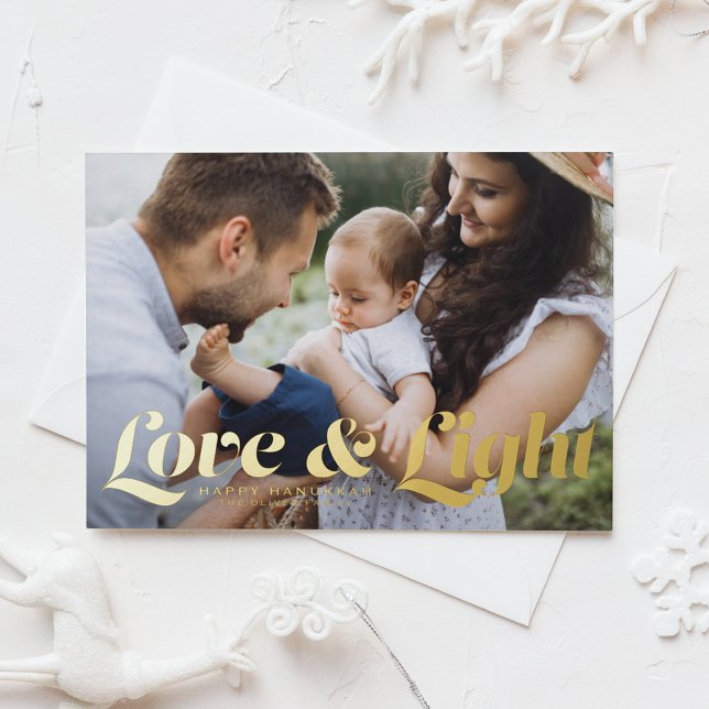 Love and Light Retro Typography Photo Hanukkah Foil Holiday Postcard (Creator Uploaded)