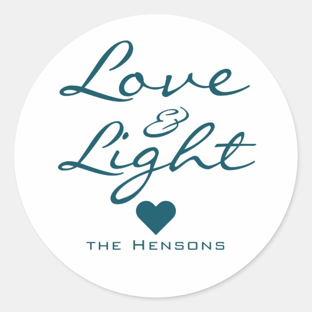 Love and Light Script Blue Green Name Christmas Classic Round Sticker (Front)