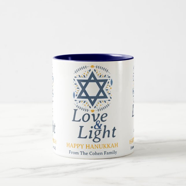 Love and Light | Simple Hanukkah family  Two-Tone Coffee Mug (Center)