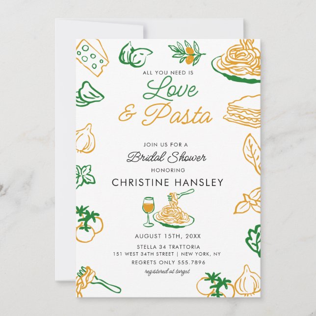 Love and Pasta Hand Drawn Bridal shower Invitation (Front)