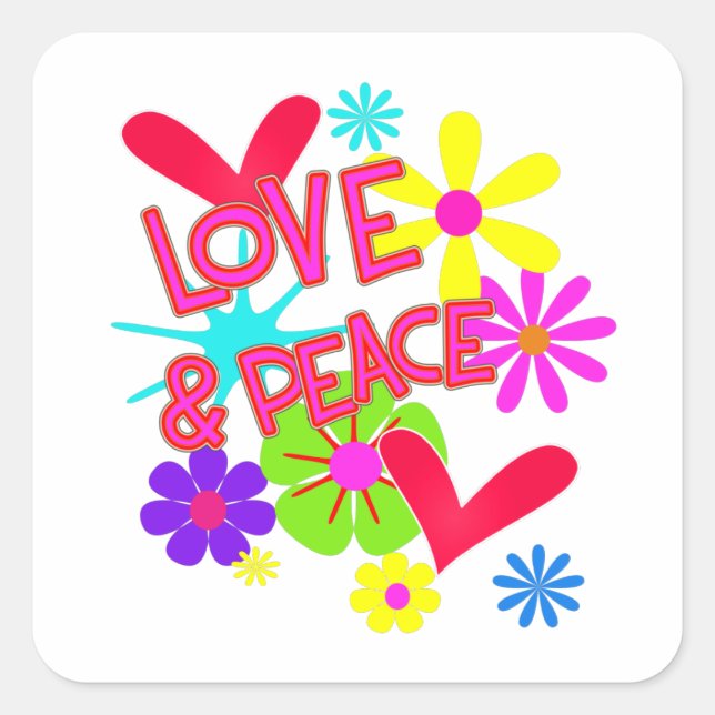 Love And Peace Flower Power Retro Hippie Graphic Square Sticker (Front)