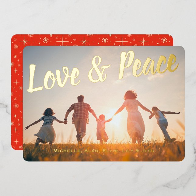 Love and Peace Red Sparkle Retro Christmas Foil Holiday Card (Front/Back)