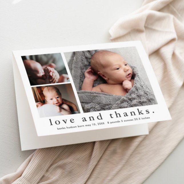 Love and Thanks 3 Photo Collage Baby Thank You Card (Simple black and white love and thanks 3 photo collage baby thank you card birth announcement.)