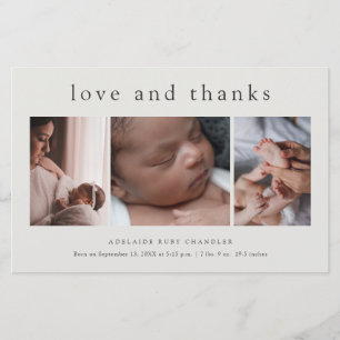 Love and Thanks 3 Photo New Baby Thank You Card