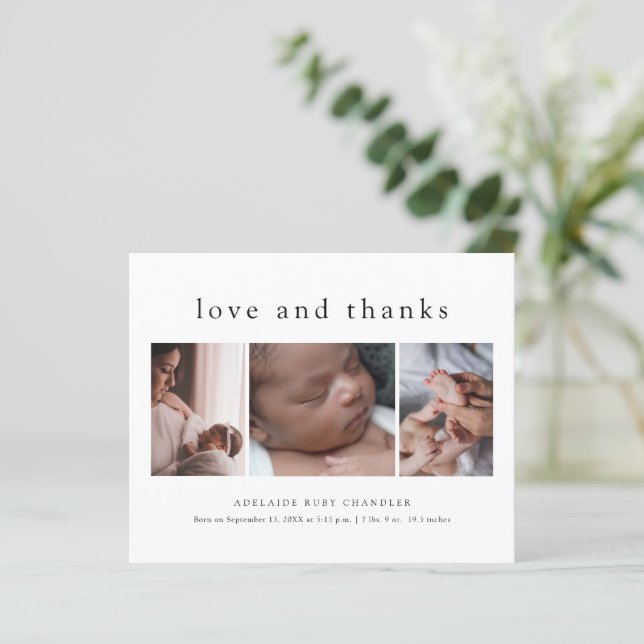 Love and Thanks 3 Photo New Baby Thank You Card (Standing Front)