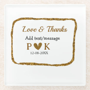 Love and thanks add couple name golden black weddi glass coaster