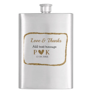 Love and thanks add couple name golden black weddi hip flask