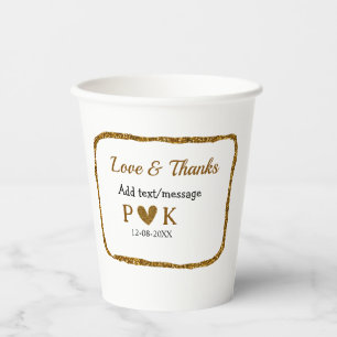Love and thanks add couple name golden black weddi paper cups