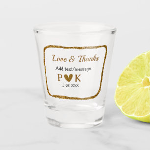 Love and thanks add couple name golden black weddi shot glass