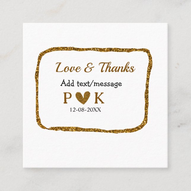 Love and thanks add couple name golden black weddi square business card (Front)